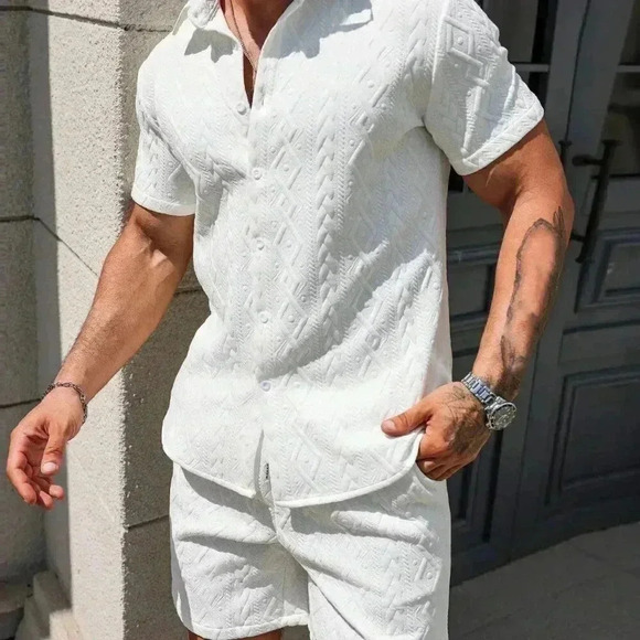 White Casual Men's Summer Solid Textured Shirt And Shorts Set - Picture 4 of 5